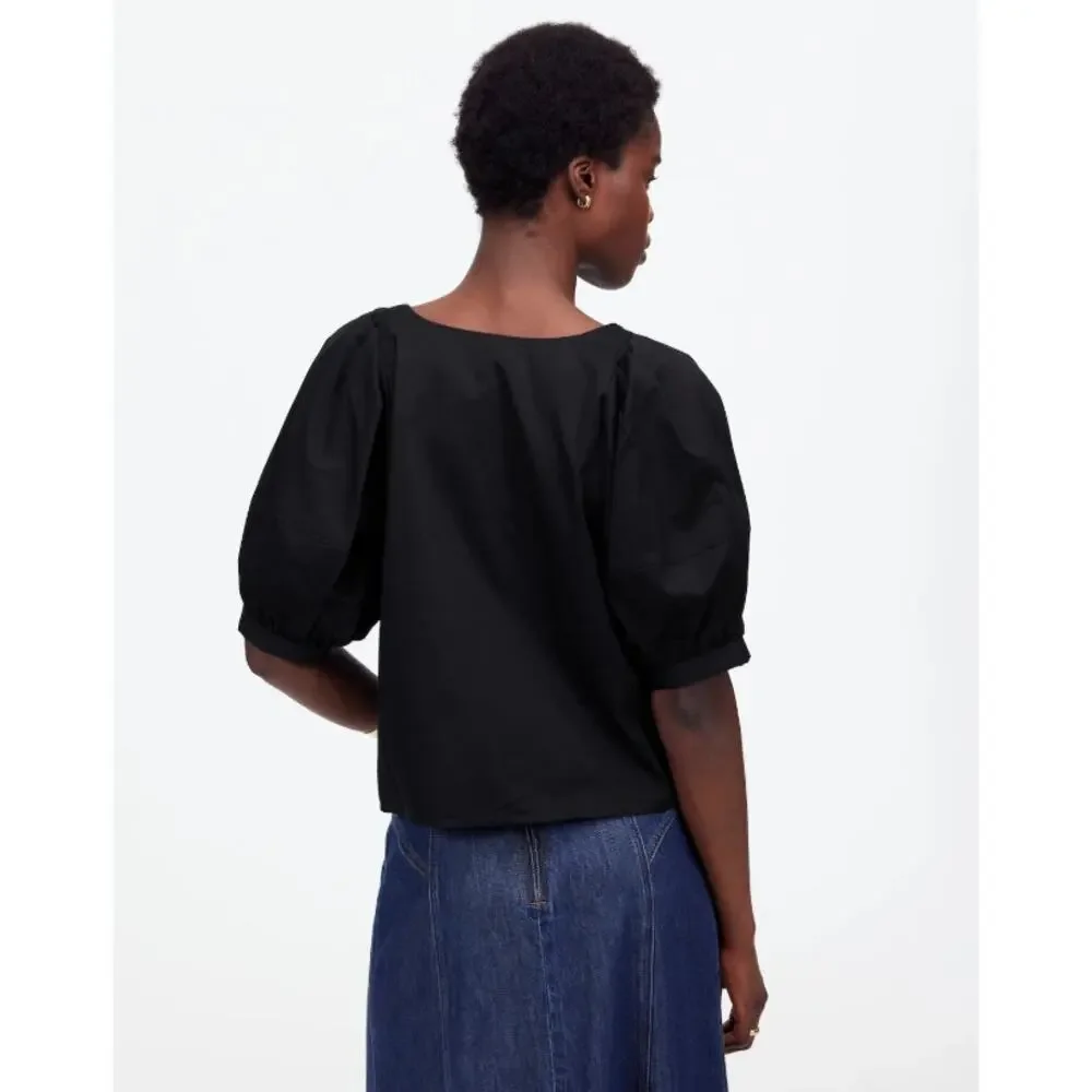 Madewell Scoop Neck Top Puff Short Sleeve Womens XS Black Relaxed Cotton Knit